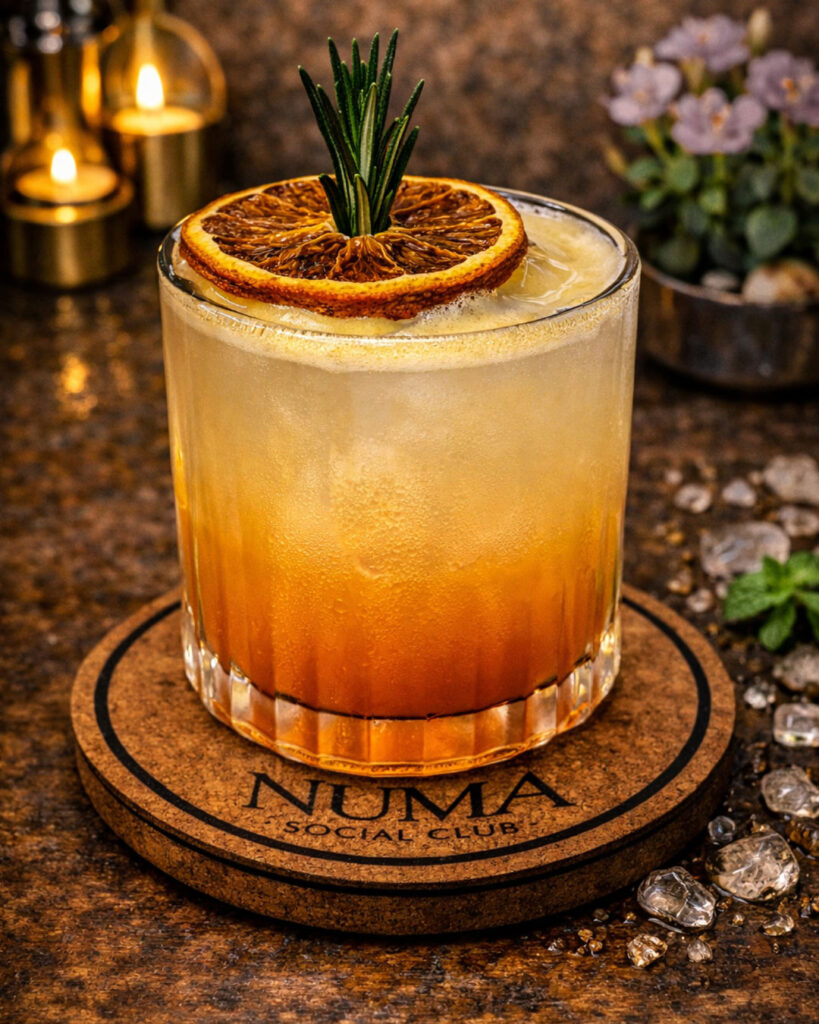 Classic Whiskey Sour cocktail at Numa Phuket, served with citrus notes and smooth foam